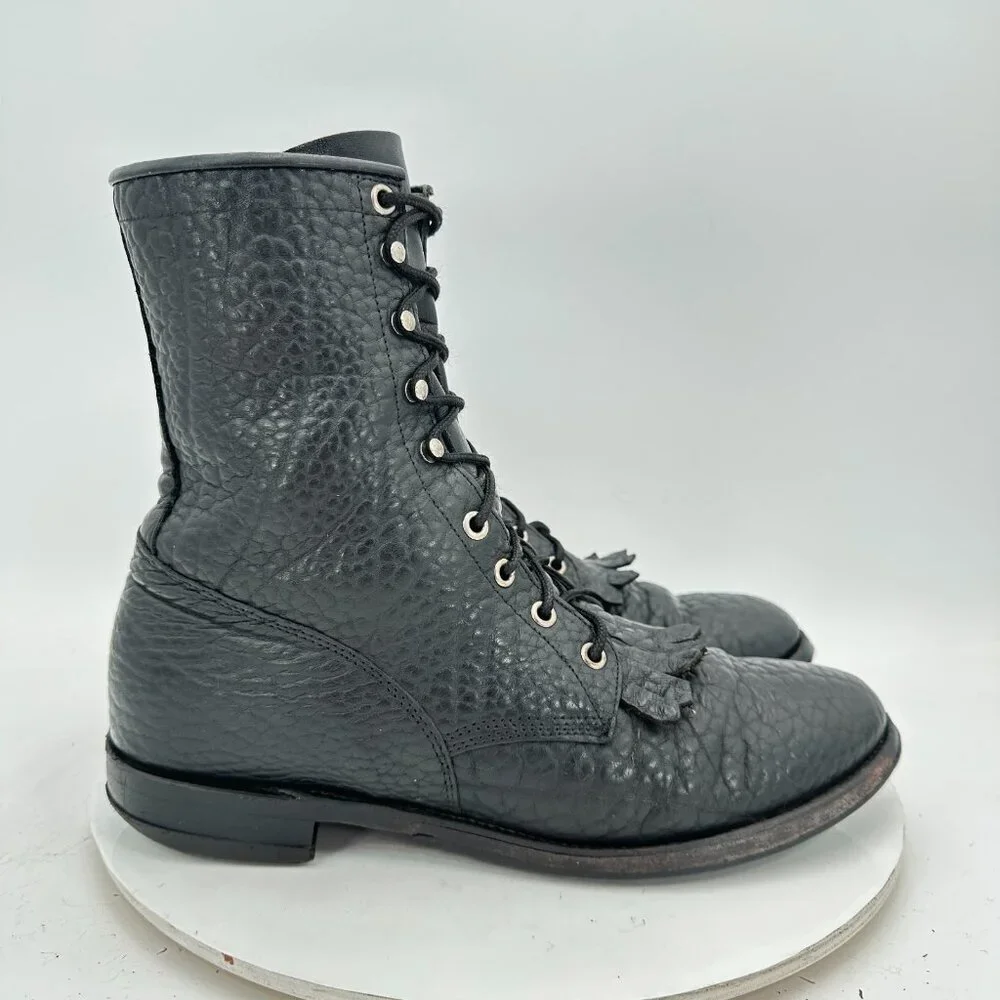 Justin 522 Bullhide Men 10 B Pebbled Black Leather Tassel Western Lacer Boot
